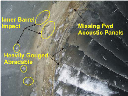 PHOTO 17: INNER BARREL IMPACT DAMAGE AND FORWARD ACOUSTIC PANELING LOSS 4 The inner barrel is defined as the inner skin of the inlet cowl.