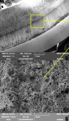 Figure 6. SEM images of increasing magnification showing the fracture surface near the region of origin. The bottom images show dimpled rupture morphology. (2 of 4)