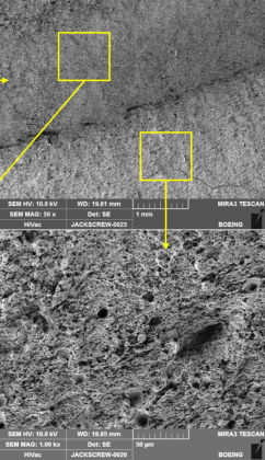 Figure 6. SEM images of increasing magnification showing the fracture surface near the region of origin. The bottom images show dimpled rupture morphology. (3 of 4)