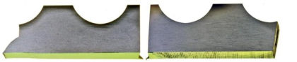 Figure 8. Metallurgical cross sections of several threads near and including the fracture. A case hardened region is shown with the yellow arrow and regions that are not case hardened are indicated with red arrows. (right)