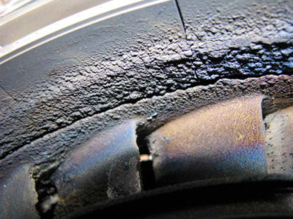 Figure 19. HPT vanes showing metal deposits and thermal discoloration