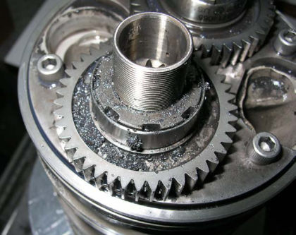 Figure 42. Main oil pump external contamination - spur gears Contamination was also found between the element sleeves and the main housing bores and inside of the scavenge pump elements, making disassembly difficult. A fractured sleeve was 