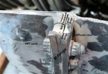 Figure 2. View of unwrapped engine casings showing the fractured M-flange bolt hole and the diffuser case, HPT case, and NGV support fracture surfaces According to DAL’s airplane maintenance records, the incident engine was last overhauled 