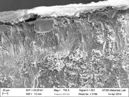 Figure 4: SEM micrographs of the inboard bracket fracture surface. (left)