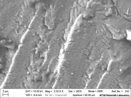 Figure 10. SEM micrograph of fatigue striations at the location indicated by the white arrow in Figure 4.